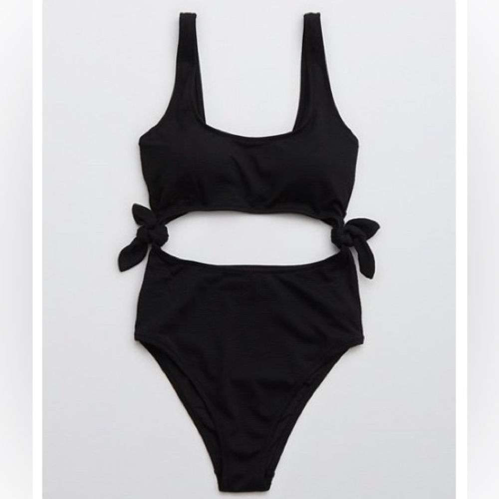 AERIE Pique Tie Cut Out One Piece Swimsuit. Size XXL. Black
